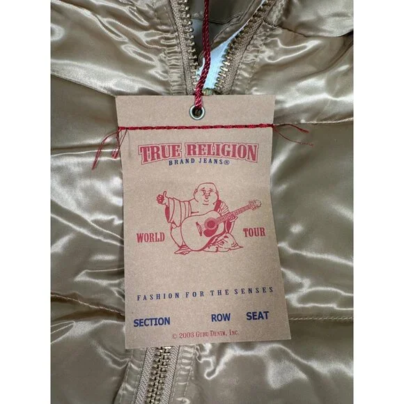 Quilted Gold Puff Jacket W/Hood Womens L True Religion Down & Feather Fill - Picture 8 of 16